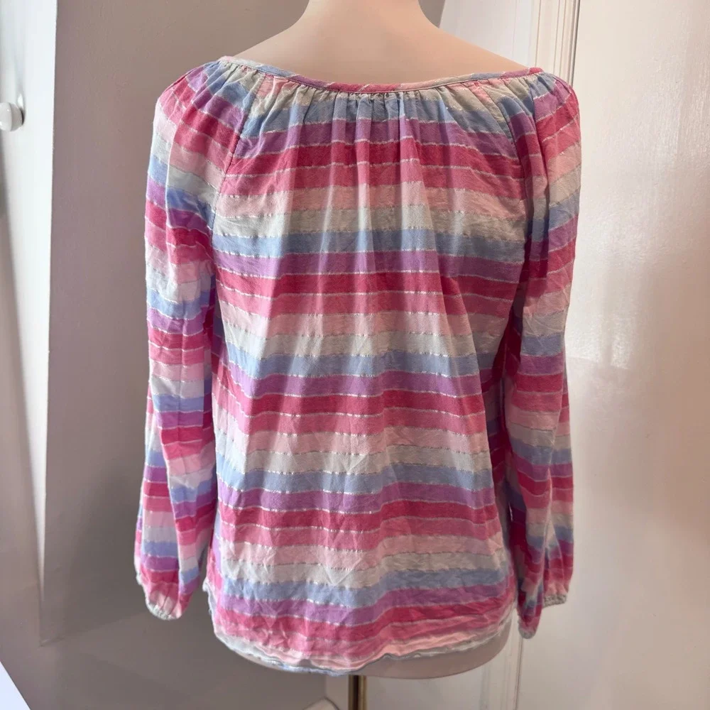J. Crew Multi color Striped Pheasant Tassel Metallic Long Sleeve Blouse | XS